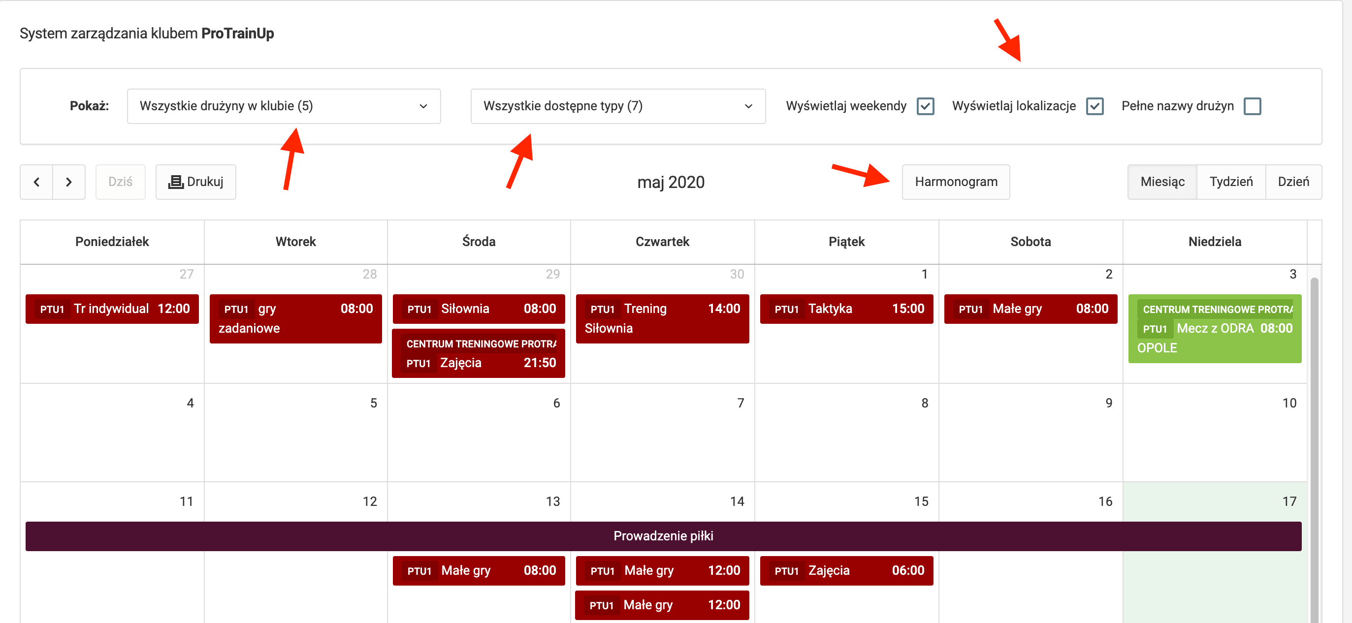 ProTrainUp Kalendarz administracyjny
